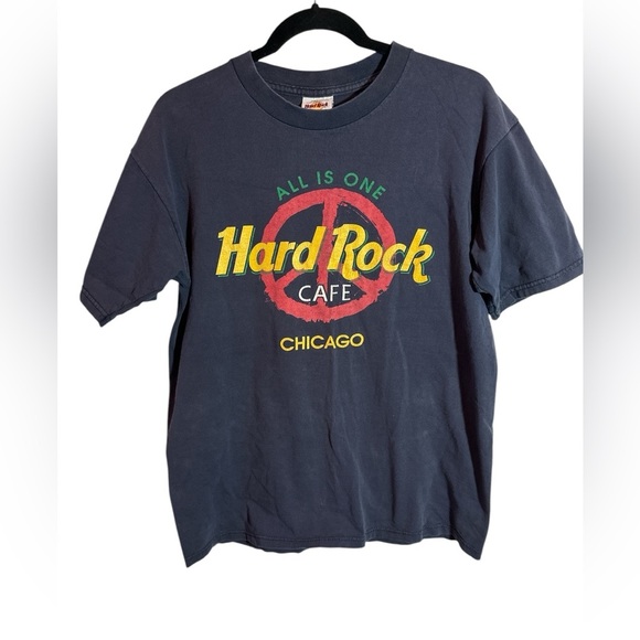 Vintage Hard Rock Cafe Chicago Shirt Ad Med Blue 90s Peace Sign USA - Picture 1 of 5